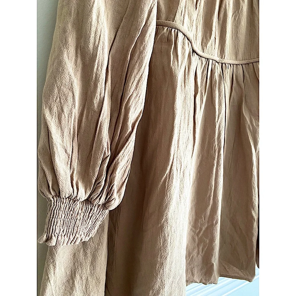 NWT Loveriche Tan Babydoll Mini Dress Tunic with Bow tie Back and Long Sleeves L - Picture 5 of 7